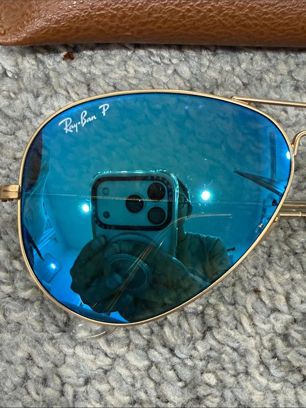 Ray-Ban Polarized Gold Frame Sunglasses with Blue Mirrored Lenses